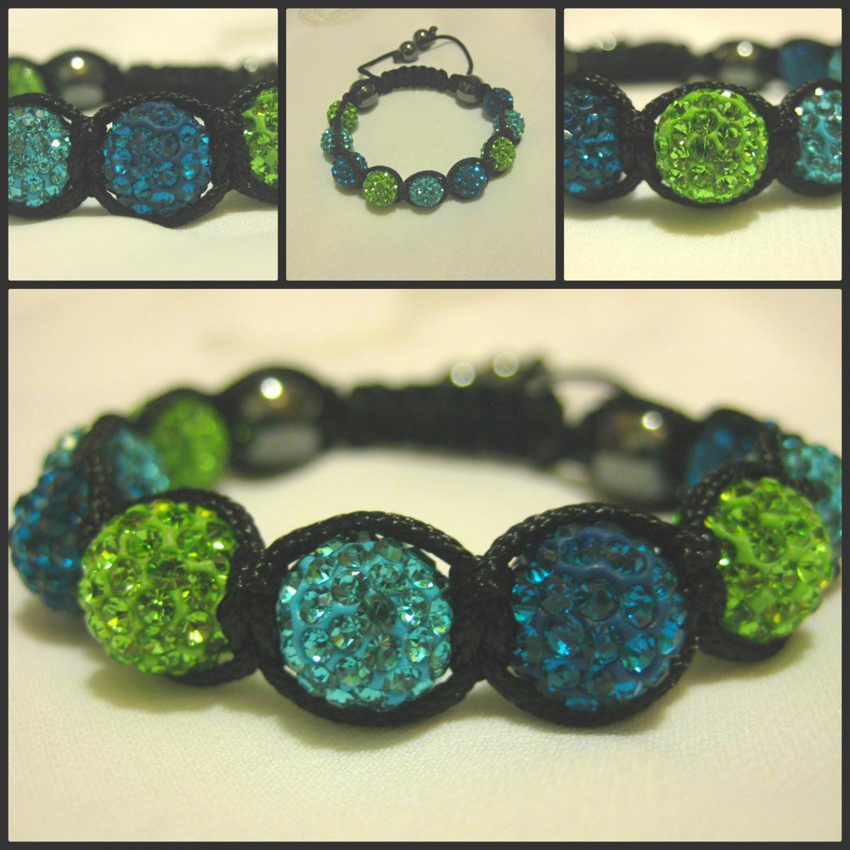 Peacock Blue, Vibrant Turquoise And Lime Green Crystal Pave Bead Macrame Friendship Bracelet