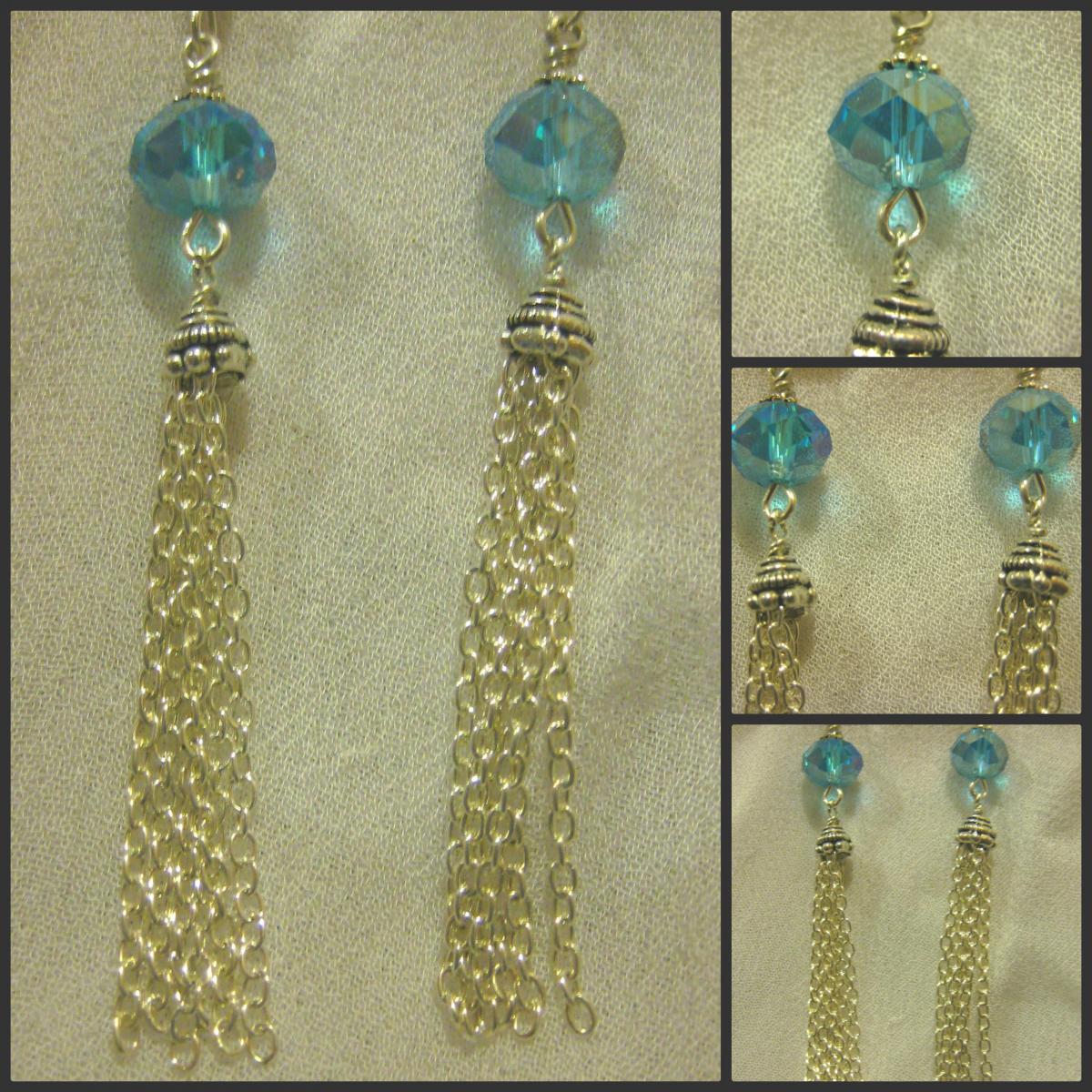 Antique Tibetan Silver Tasselled Earrings With Sparkling Aquamarine Crystal