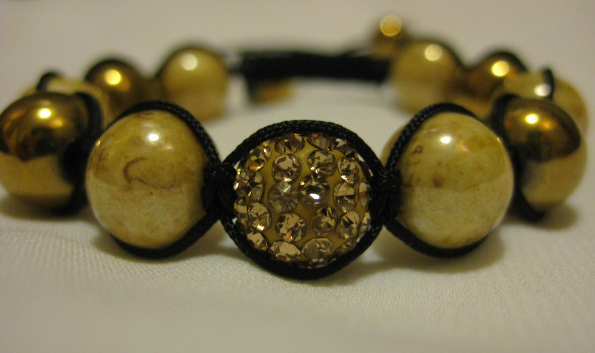 Champagne Crystal Pave Bead And Gold Haematite And Marbled Gold Pearl Macrame Friendship Bracelet In Design Worn By Emily Maynard