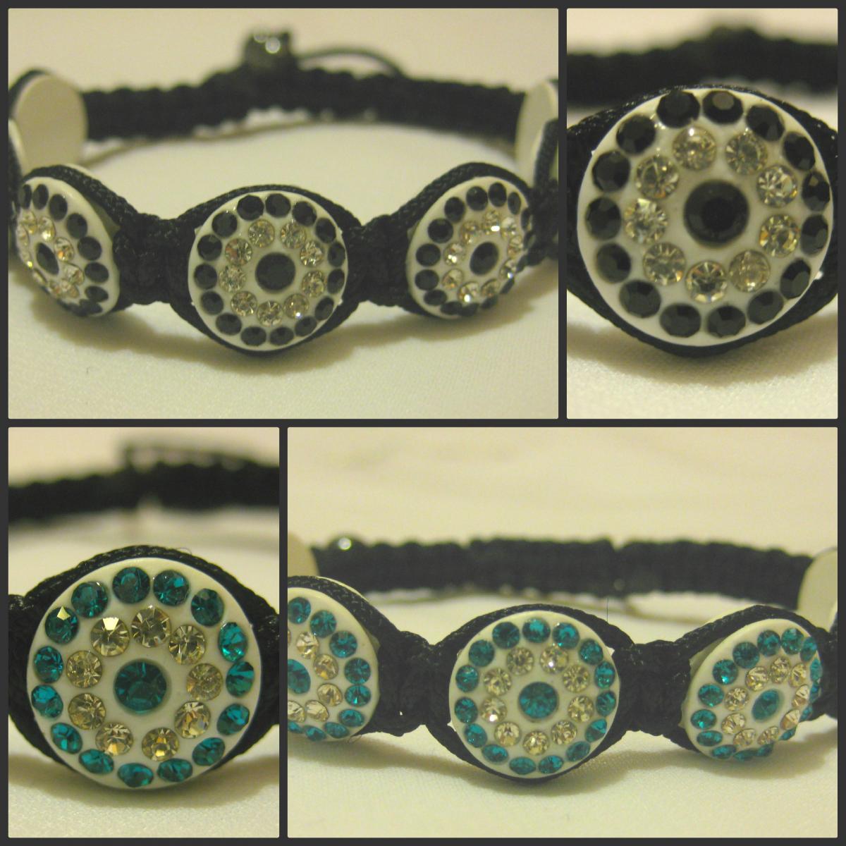 Black Or Turquoise And White Crystal Coin Shaped Pave Bead Macrame Friendship Bracelet