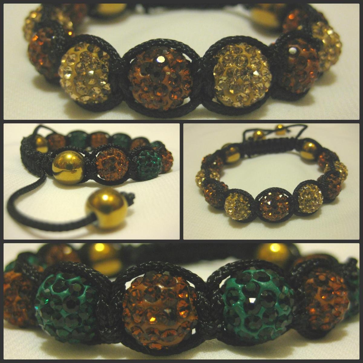 Two-tone Gold Haematite Range Emerald Green Or Champagne And Bronze Brown Crystal Pave Bead With Gold Haematite Macrame Friendship Bracelet