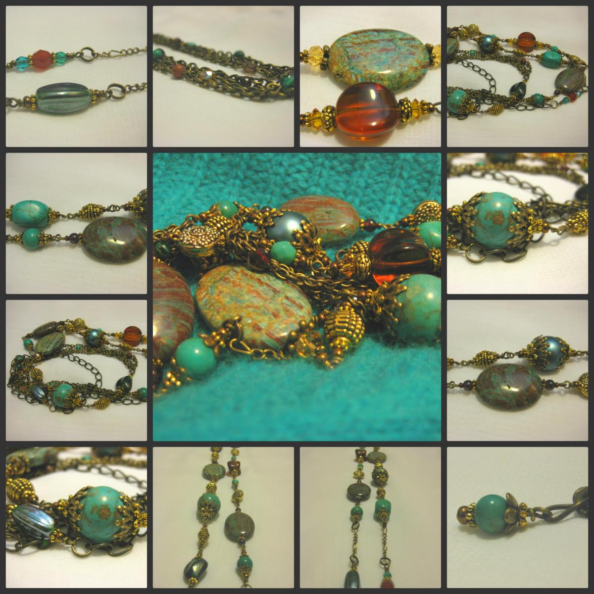 Antique Brass, Turquoise And Jasper Multi Chain Necklace With Various Genuine Gemstones