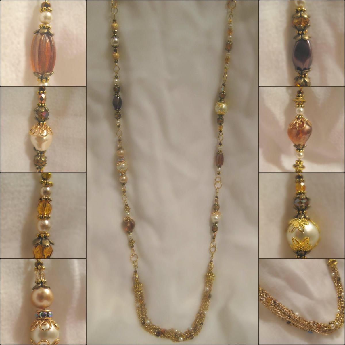 Antique Gold Crystal And Pearl Multi Chain Necklace