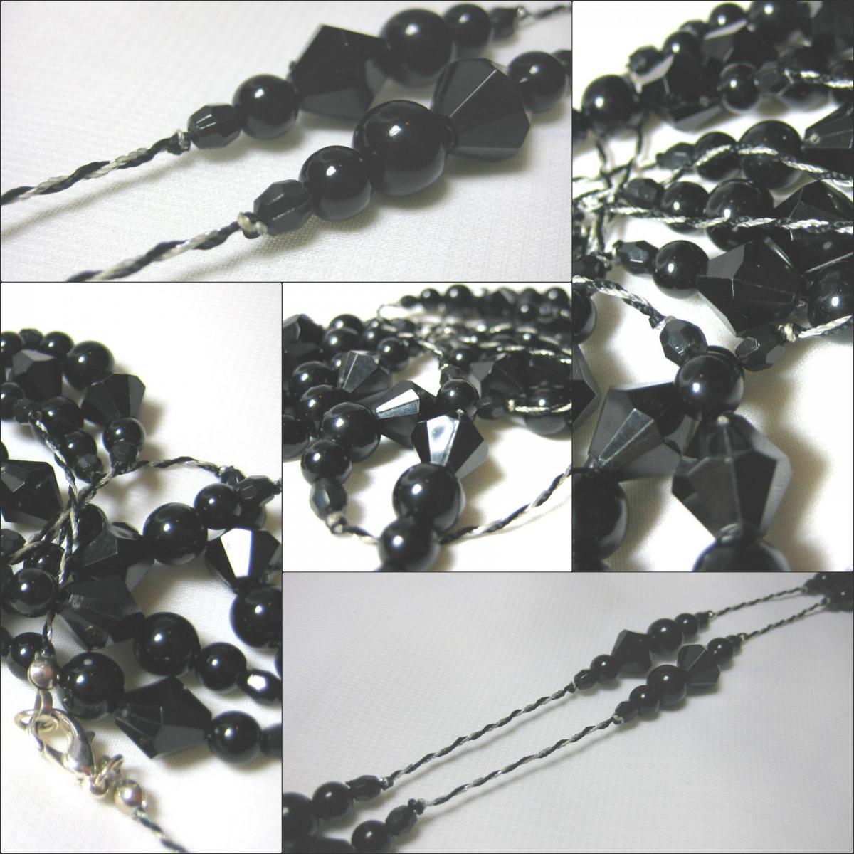 Art Deco Style Long Black Beaded Necklace On Delicately Woven Thread