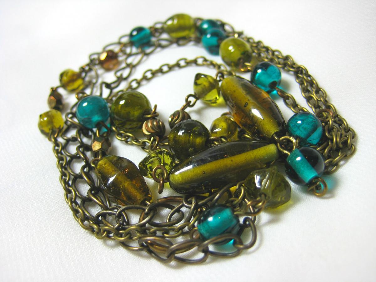 Beautiful Antique Brass Necklace Made With Random Moss Green And