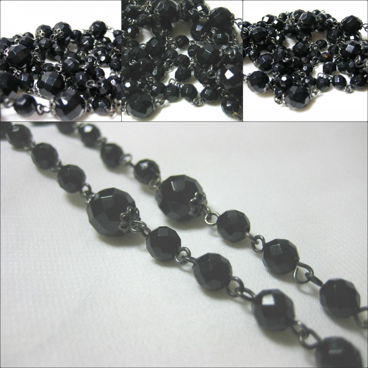 Art Deco Style Long Black Beaded Necklace With Gun Metal Finish