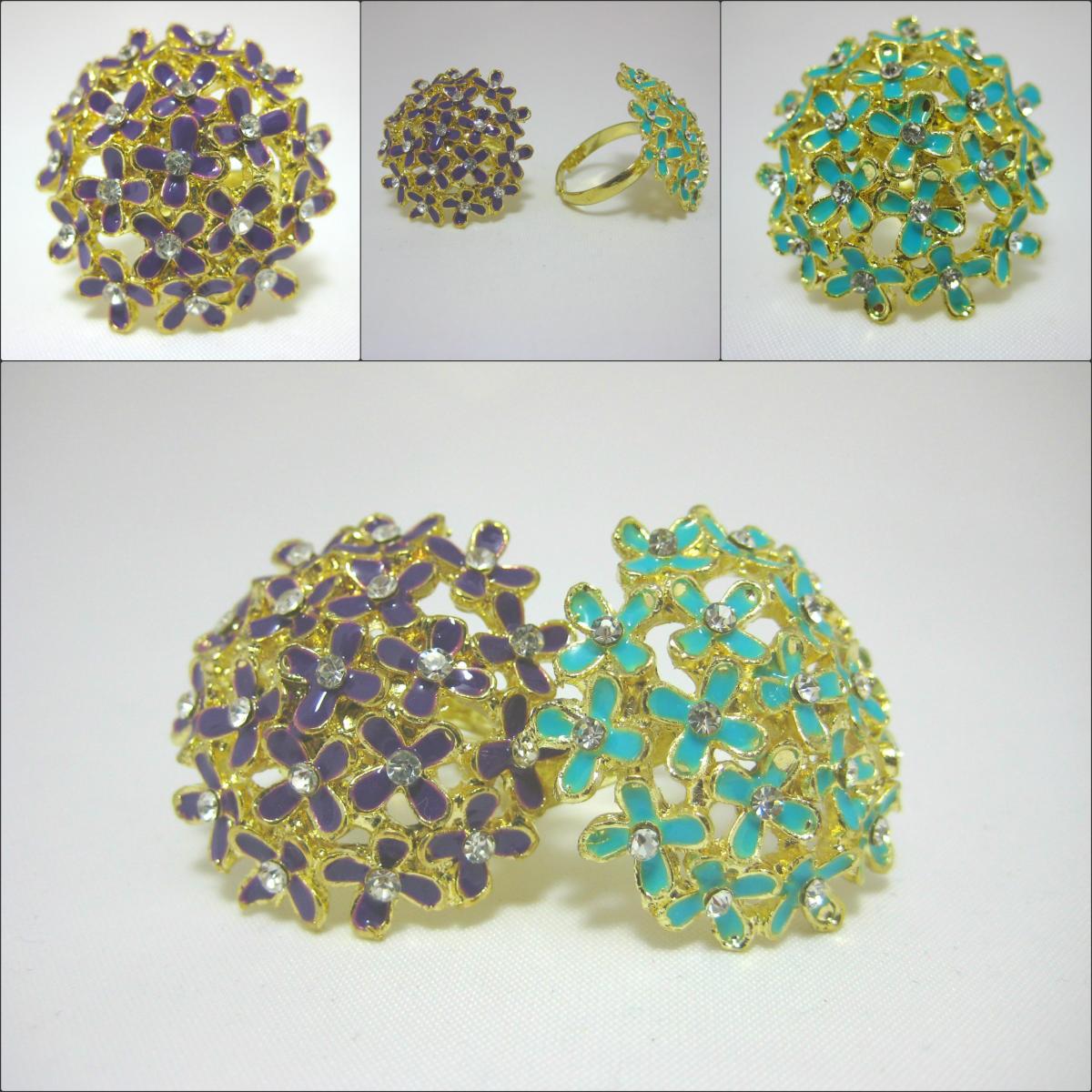 Enamel And Rhinestone Large Allium Flower Gold Rings In A Range Of Colours
