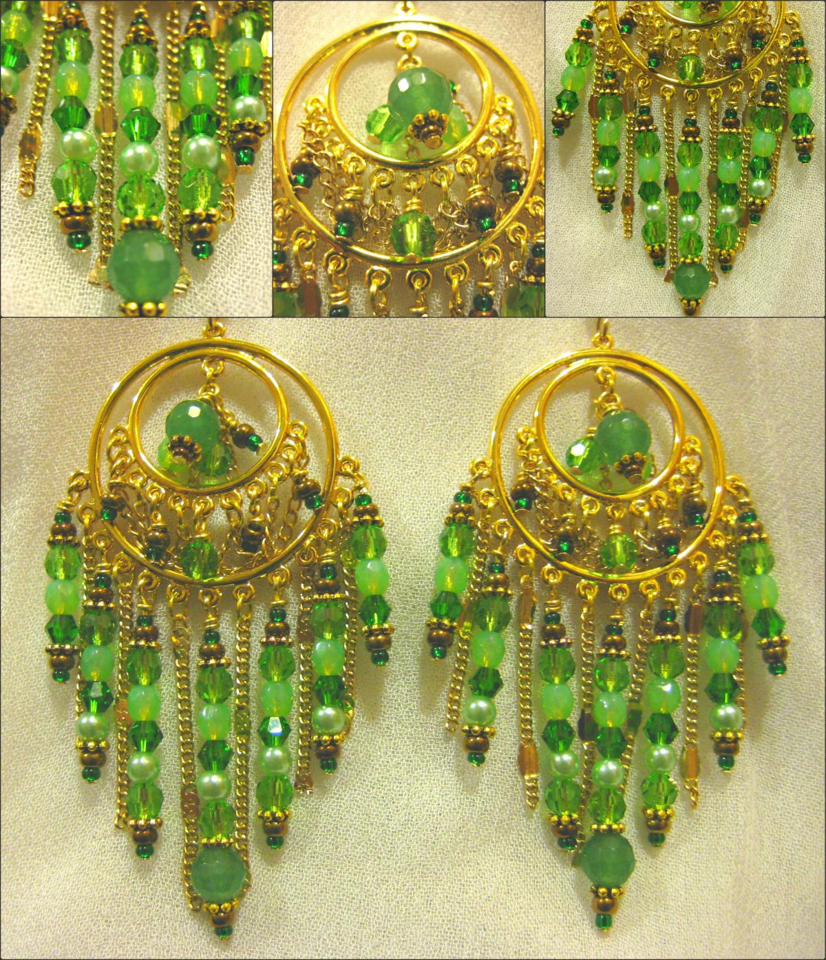 Genuine Jade And Leafy Green Crystal Antique Gold Bollywood Style Chandelier Earrings