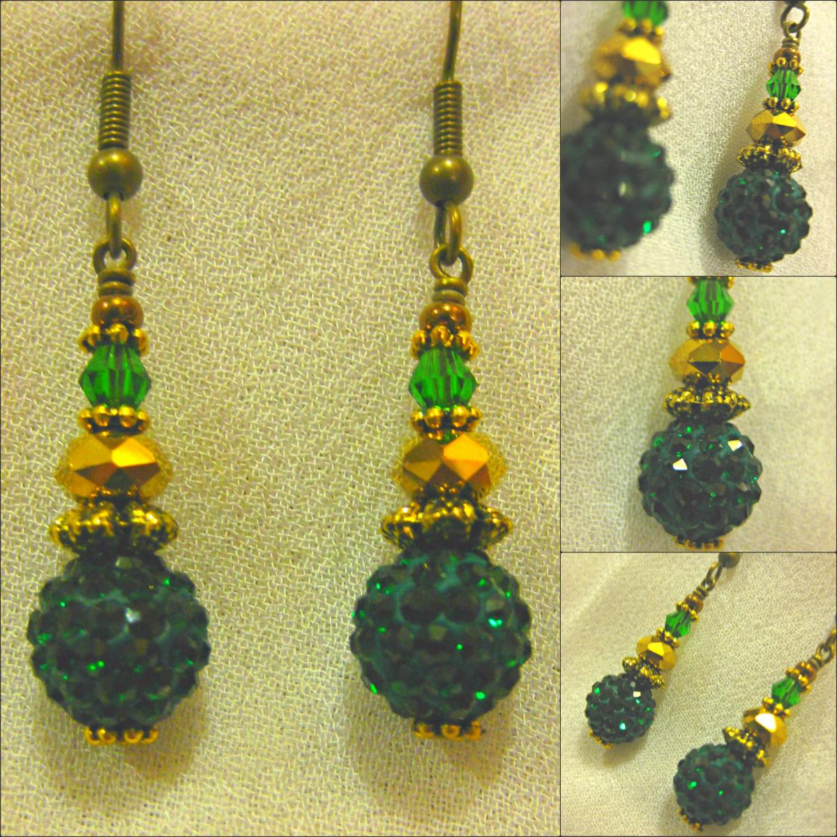 Sparkling Emerald Green Pave Bead, Amber Crystal And Antique Gold Earrings