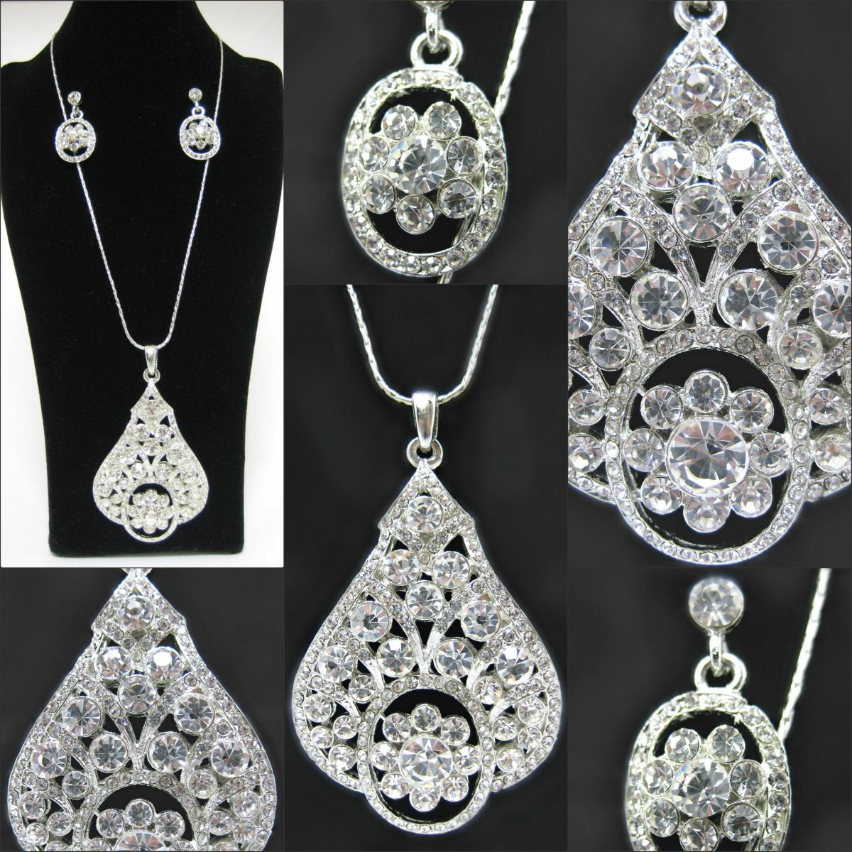Beautiful Crystal Rhinestone Pendant And Earrings Silver Set