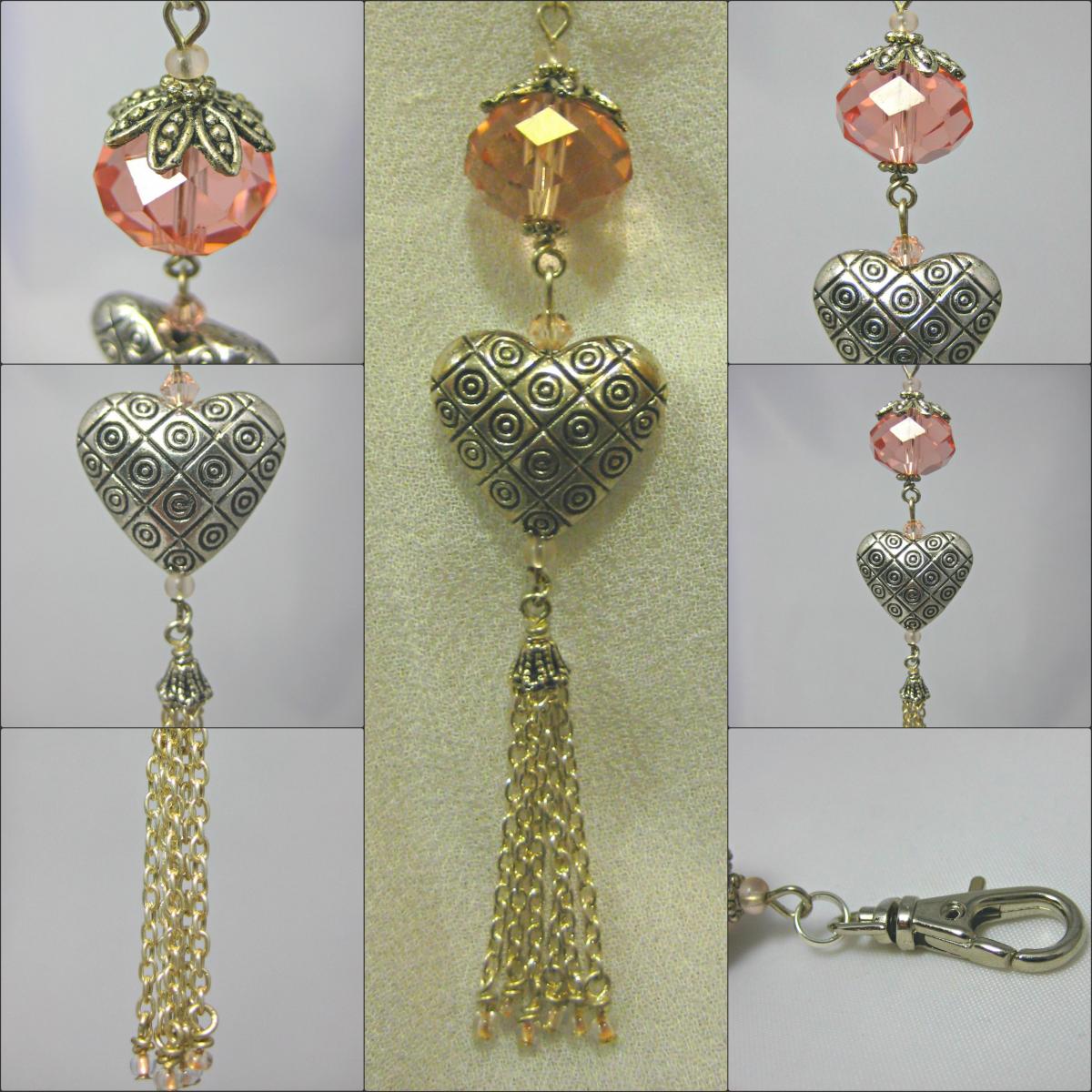 Peach Crystal And Tasselled Heart Handbag Charm
