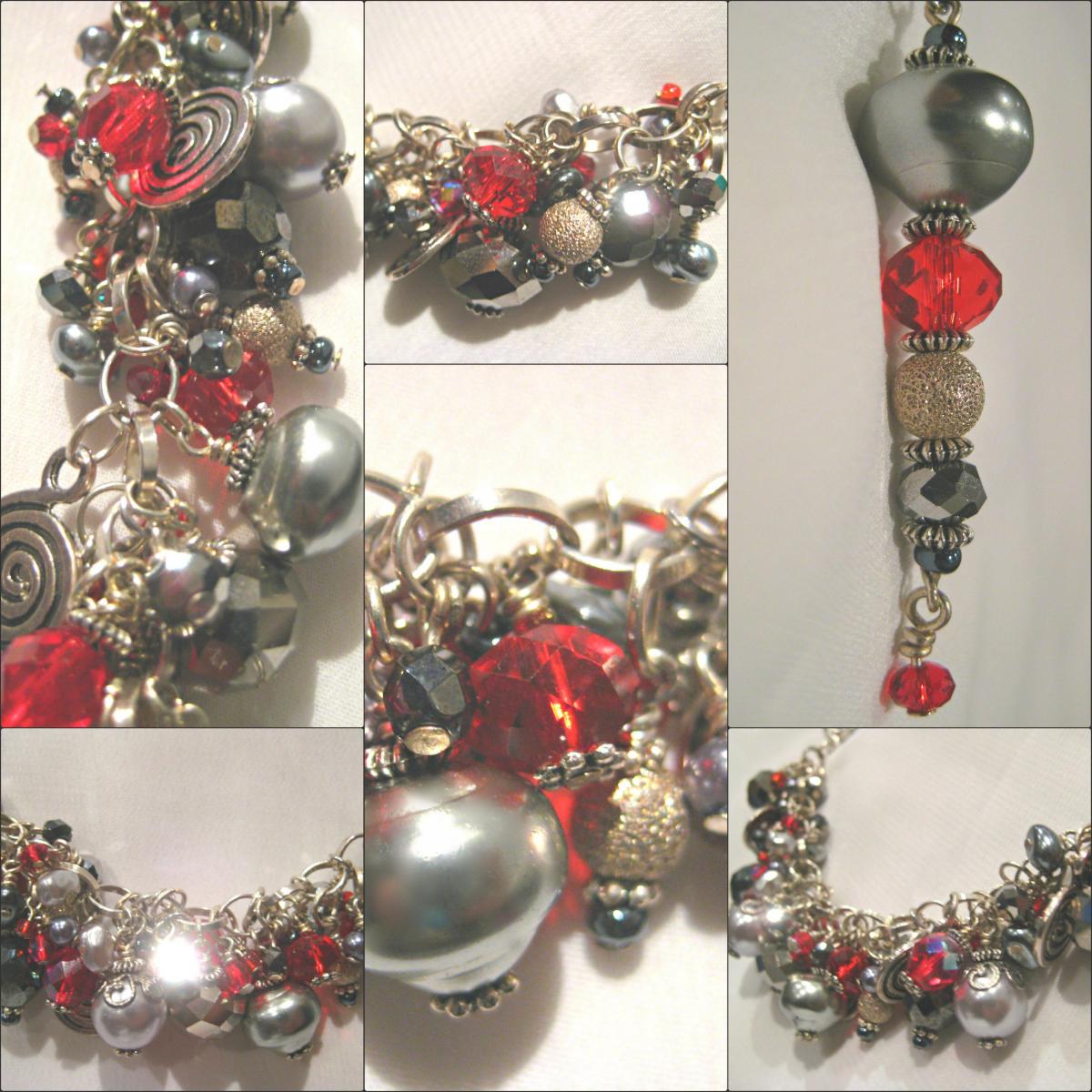 Sumptuous Ruby Red Crystal And Haematite Silver Charm Bracelet
