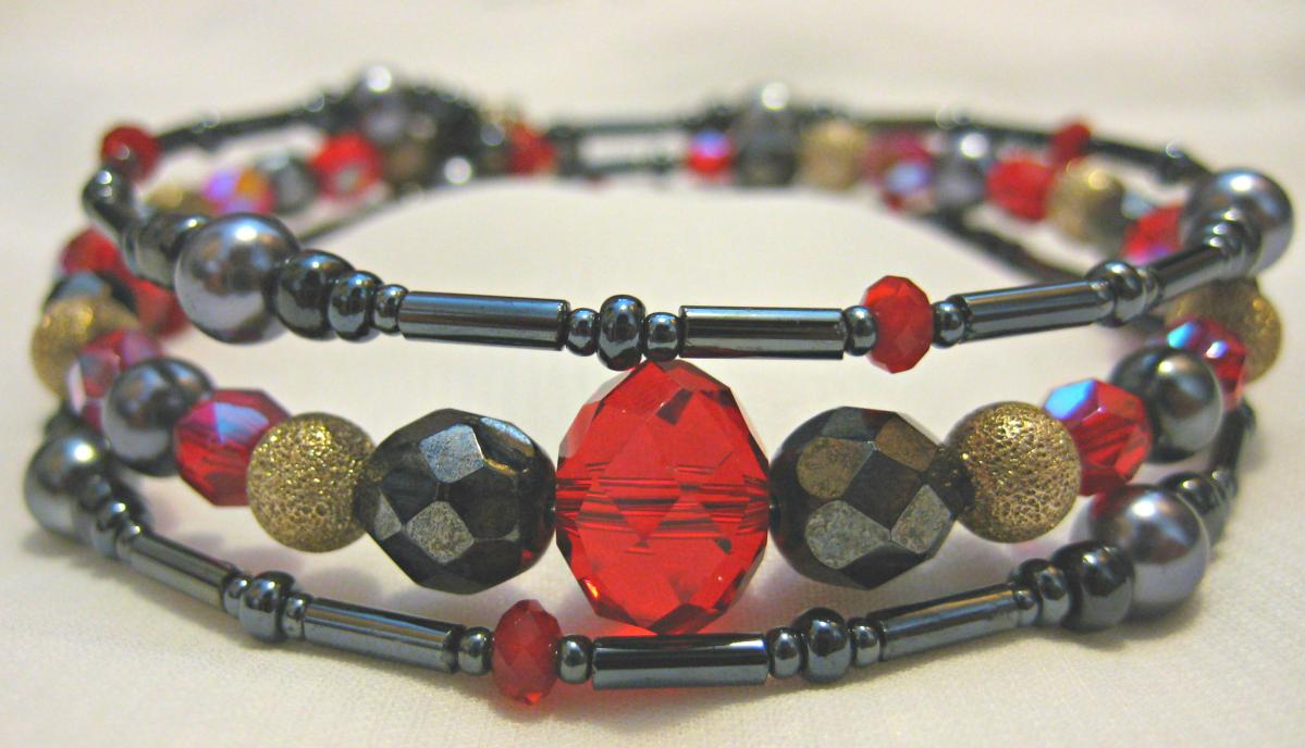 Haematite, Red Crystal And Grey Pearl Silver Bracelet