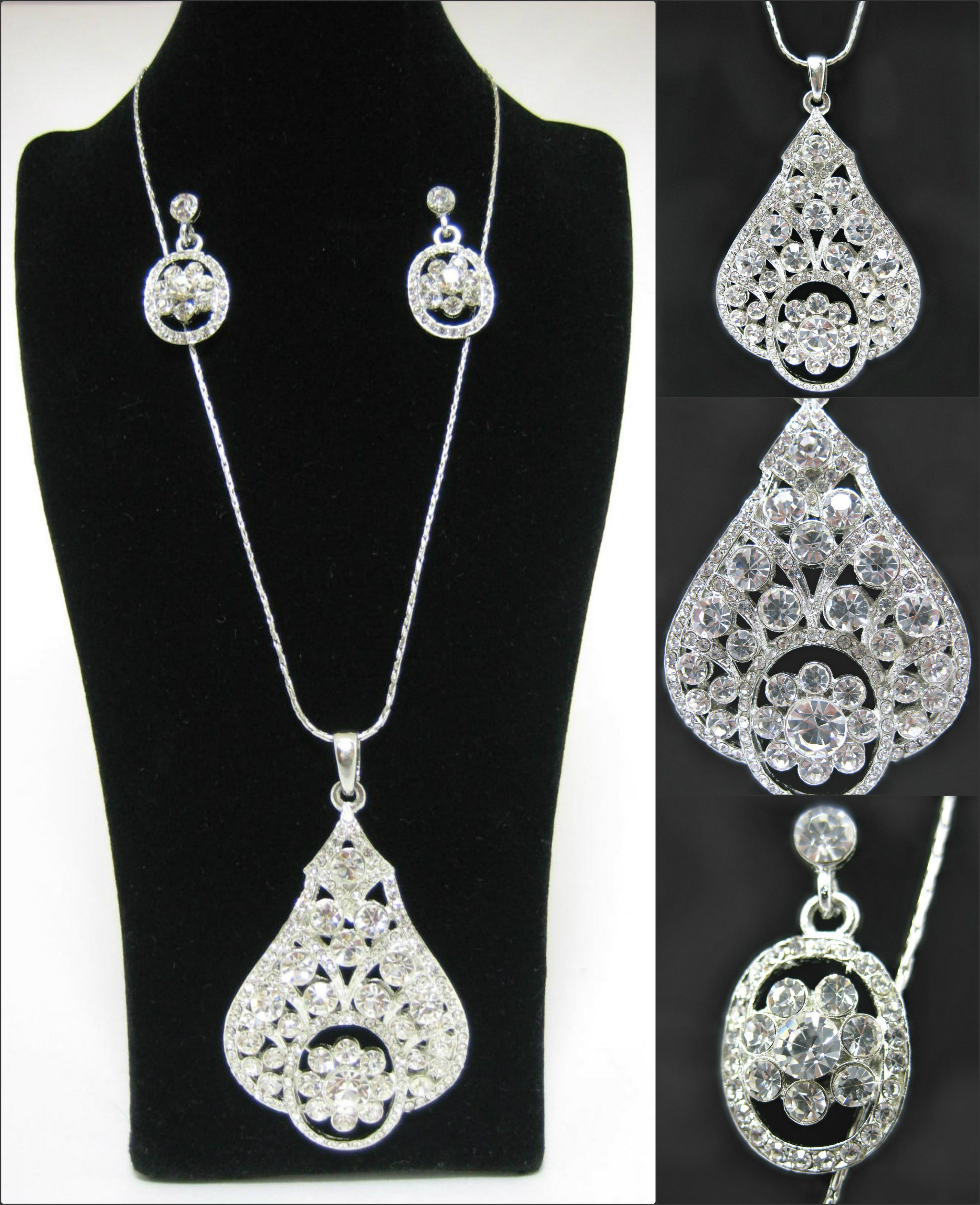 Beautiful Crystal Rhinestone Pendant And Earrings Silver Set on Luulla